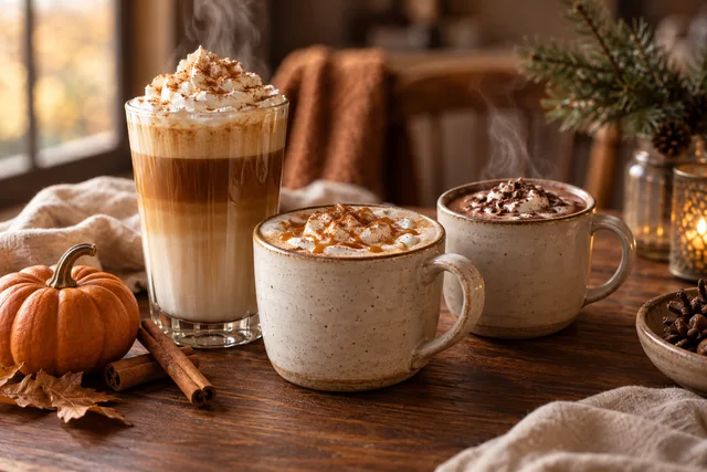 Pumpkin Spice Latte, Zimt-Karamell-Kaffee und heiße Schokolade in einer gemütlichen Herbstkulisse